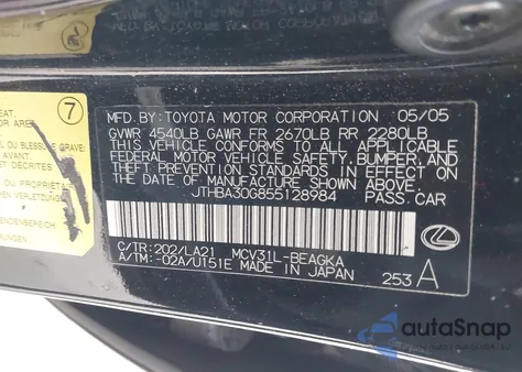 2005 Lexus Es 330 z USA, uszkodzony, nr VIN JTHBA30G855128984